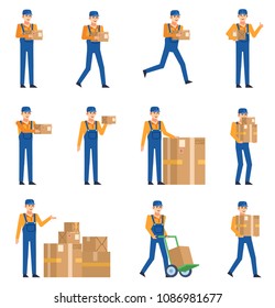 Set of couriers posing with various parcel boxes. Cheerful delivery service workers holding package, running and showing other actions. Flat design vector illustration