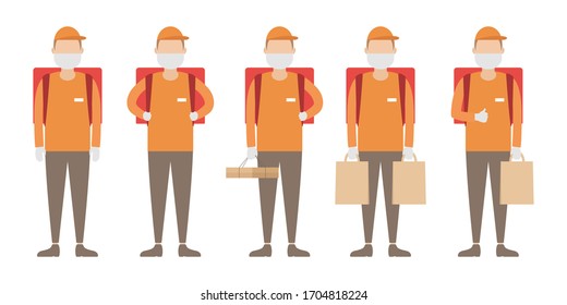 Set of couriers with rucksacks. Food delivery. Vector illustration.