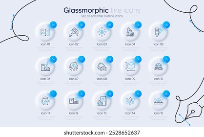 Set of Court building, Charging station and Quality line icons for web app. Brush, Instruction info, Palette icons. Parcel delivery, Technical algorithm, Property agency signs. Vector
