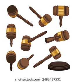 Set of court hammer, Judge Wood Hammer, court judge gavel collection cartoon, Auction hammer with gold on the stand. Law and justice system symbol with different view or angle. Attorney bid.