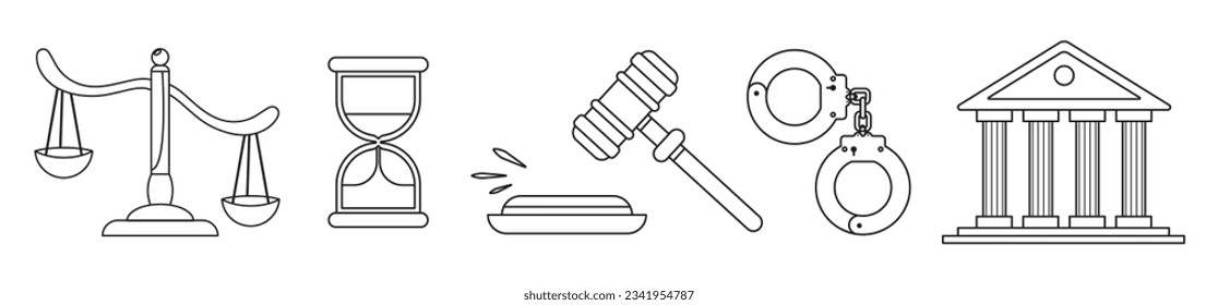 Set court and justice law icons. Services of a lawyer, attorney, notary. Law and protection of business interests in court. Books scales hummer of the judge. Outline vector isolated on background