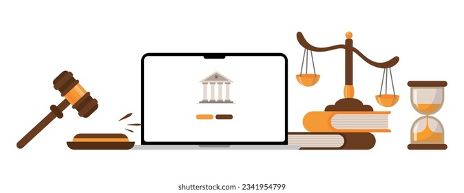 Set court and justice law online web. Services of a lawyer, attorney or notary. Law and protection of business interests in court. Books scales hummer of the judge. Flat vector isolated on background