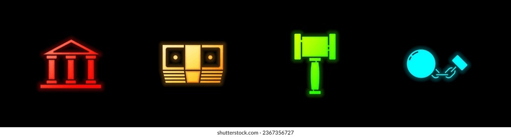 Edificio de la corte, dinero de soborno en efectivo, jueza de gavel e icono de la cadena de bolas. Vector