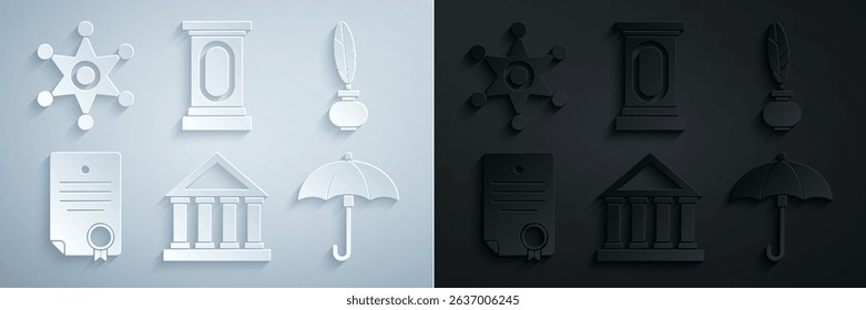 Set Courthouse building, Feather and inkwell, Certificate template, Umbrella, Stage stand or debate podium rostrum and Hexagram sheriff icon. Vector