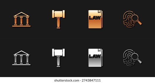 Set Courthouse building, Judge gavel, Law book and Fingerprint icon. Vector