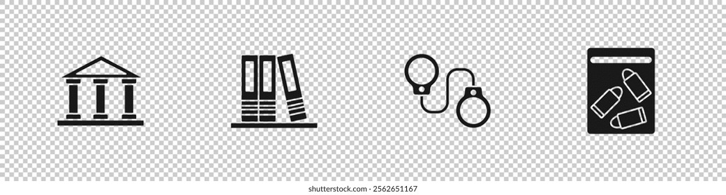 Set Courthouse building, Office folders, Handcuffs and Evidence bag bullet icon. Vector