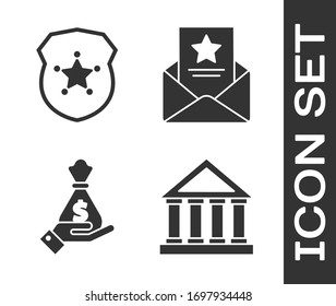 Set Courthouse Building, Police Badge, Hand Holding Money Bag And The Arrest Warrant Icon. Vector