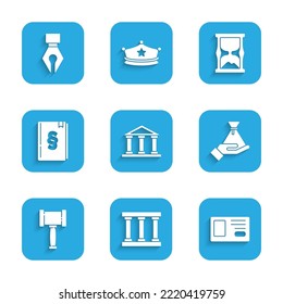 Set Courthouse building, Prison window, Identification badge, Bribe money bag, Judge gavel, Law book, Old hourglass and Fountain pen nib icon. Vector