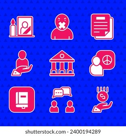 Set Courthouse building, Speech bubble chat, Coins on hand - minimal wage, Peace talks, Law book, Life insurance, Document and Mourning photo frame icon. Vector