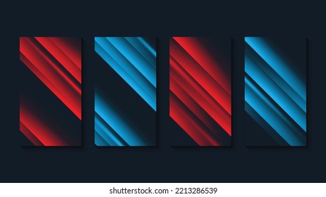 Set of cover abstract red and blue stripe diagonal lines light on dark black background.