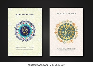 Set cover background template for ramadan event with calligraphy arabic ramadan, circle shape floral mosaic islamic art ornament and texture effect detail islamic pattern on background.