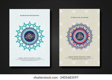 Set cover background template for ramadan event with calligraphy arabic ramadan, circle shape floral mosaic islamic art ornament and texture effect detail islamic pattern on background.