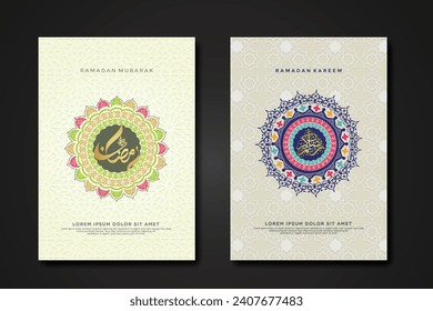 Set cover background template for ramadan event with calligraphy arabic ramadan, circle shape floral mosaic islamic art ornament and texture effect detail islamic pattern on background