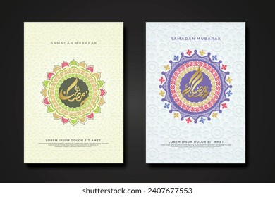 Set cover background template for ramadan event with calligraphy arabic ramadan, circle shape floral mosaic islamic art ornament and texture effect detail islamic pattern on background.