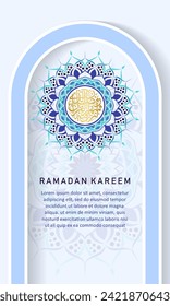 Set cover background template for ramadan event with calligraphy arabic ramadan, circle shape floral mosaic islamic art ornament and texture effect detail islamic pattern on background