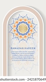 Set cover background template for ramadan event with calligraphy arabic ramadan, circle shape floral mosaic islamic art ornament and texture effect detail islamic pattern on background
