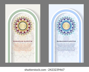 Establecer la plantilla de fondo de la cubierta para el evento ramadán con caligrafía ramadán árabe, forma circular mosaico floral adorno de arte islámico y detalle del efecto textura patrón islámico en el fondo