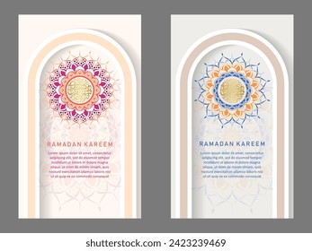 Set cover background template for ramadan event with calligraphy arabic ramadan, circle shape floral mosaic islamic art ornament and texture effect detail islamic pattern on background