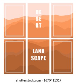 Set of cover backgrounds of desert landscape. Abstract wavy template banners in warm colors. Six vector illustrations for magazine, brochures, poster.