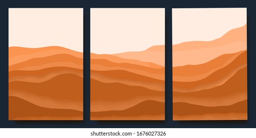 Conjunto de fondos de cobertura de paisaje desierto. Pancartas redondeadas abstractas en colores cálidos. Tres modernas ilustraciones vectoriales para revista, folletos, afiche.