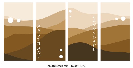 Conjunto de telón de fondo de paisaje montañoso. Pancartas redondeadas abstractas en colores cálidos. Cuatro modernas ilustraciones vectoriales para revistas, folletos, afiches.