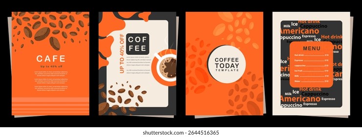 Set of cover, banners with coffee beans and cup on minimal background for invitations, cards, banner, poster, cover, cafe menu or another template design. vector illustration.