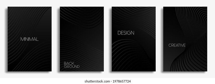 Juego de tarjetas de portada en blanco y negro. Patrón geométrico mínimo con líneas onduladas para banner, afiches y papel pintado. Vector