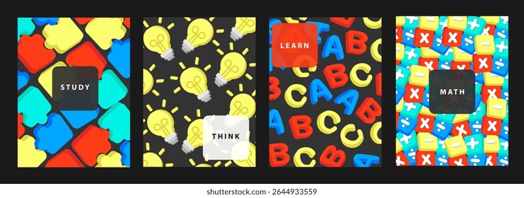 Conjunto de Capa livro aprendizagem projeto escolar. Fundo do vetor, banner, cartaz, design de cartão de saudação.
