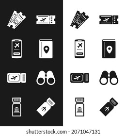 Set Cover Buchführer, Mobile mit Ticket, Bus, Airline, Binoculars und Museum Symbol. Vektorgrafik