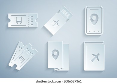 Set Cover Book Travel Guide, Infographic Of City Map, Museum Ticket, Airline And Bus Icon. Vector