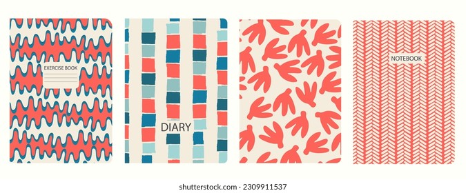 Set of cover bright page templates based on grid seamless patterns, spiral lines, plaid pattern. Plaid backgrounds for school notebooks, diaries. Headers isolated and replaceable