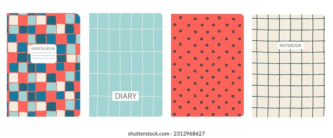 Set of cover bright page templates based on grid seamless patterns, spiral lines, plaid pattern. Plaid backgrounds for school notebooks, diaries. Headers isolated and replaceable