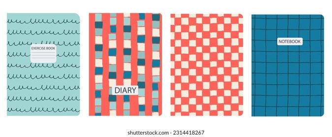 Set of cover bright page templates based on grid seamless patterns, spiral lines, plaid pattern. Plaid backgrounds for school notebooks, diaries. Headers isolated and replaceable