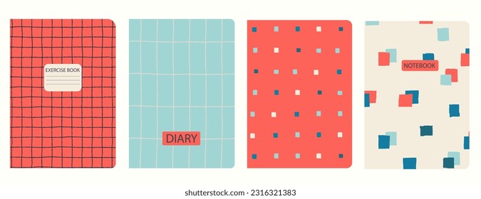 Set of cover bright page templates based on grid seamless patterns, spiral lines, plaid pattern. Plaid backgrounds for school notebooks, diaries. Headers isolated and replaceable