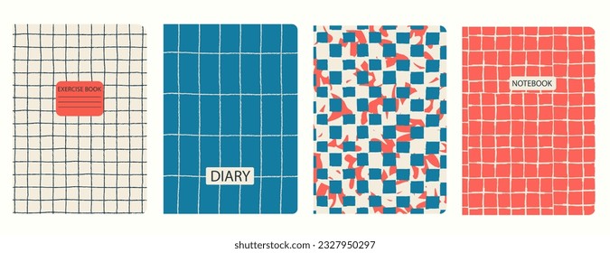 Set of cover bright page templates based on grid seamless patterns, spiral lines, plaid pattern. Plaid backgrounds for school notebooks, diaries. Headers isolated and replaceable