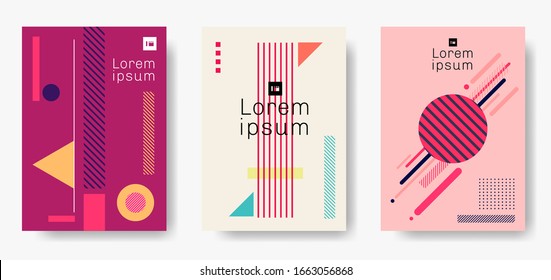 Set of Cover Brochure Template Background Geometric Colorful Memphis Style. Vector Illustration