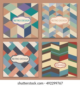 Set of cover brochures in retro style. Geometric patterns. Vector design templates. Vintage frames and backgrounds