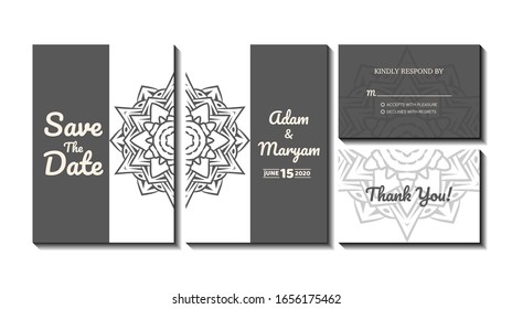 set cover content wedding invitation card with mandala, abstract frame background decoration ornament mockup greeting celebration rustic template vector illustration