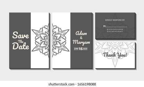 set cover content wedding invitation card with mandala, abstract frame background decoration ornament mockup greeting celebration rustic template vector illustration