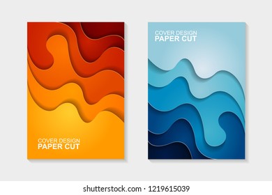 Set of cover design abstract with blue and orange paper cut shapes. Cover design with abstract background. Paper cut vector illustration for banner, presentation, and invitation.