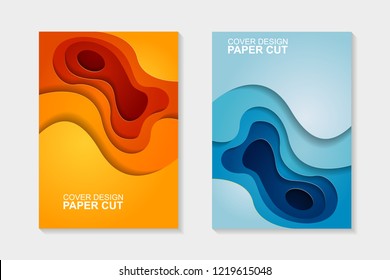 Set of cover design abstract with blue and orange paper cut shapes. Cover design with abstract background. Paper cut vector illustration for banner, presentation, and invitation.