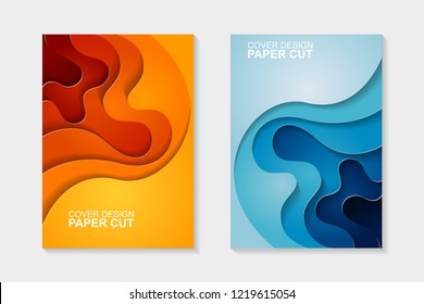Set of cover design abstract with blue and orange paper cut shapes. Cover design with abstract background. Paper cut vector illustration for banner, presentation, and invitation.