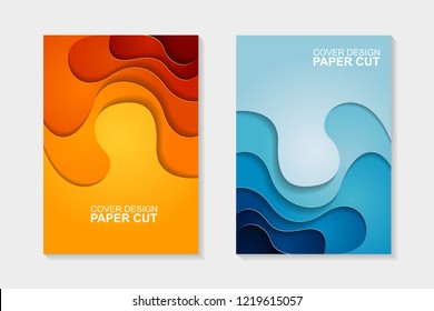 Set of cover design abstract with blue and orange paper cut shapes. Cover design with abstract background. Paper cut vector illustration for banner, presentation, and invitation.