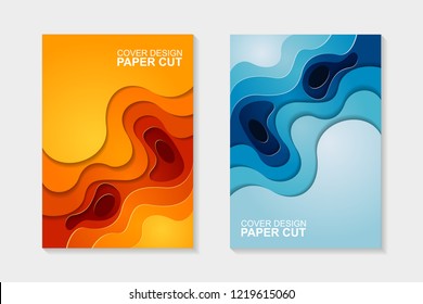 Set of cover design abstract with blue and orange paper cut shapes. Cover design with abstract background. Paper cut vector illustration for banner, presentation, and invitation.