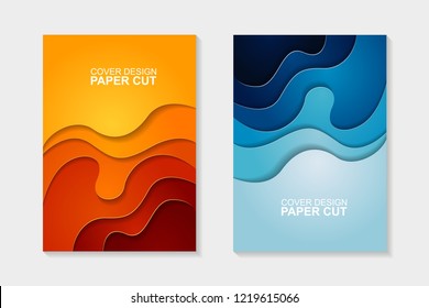 Set of cover design abstract with blue and orange paper cut shapes. Cover design with abstract background. Paper cut vector illustration for banner, presentation, and invitation.