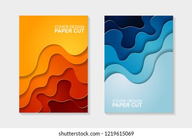 Set of cover design abstract with blue and orange paper cut shapes. Cover design with abstract background. Paper cut vector illustration for banner, presentation, and invitation.
