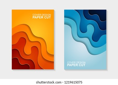 Set of cover design abstract with blue and orange paper cut shapes. Cover design with abstract background. Paper cut vector illustration for banner, presentation, and invitation.