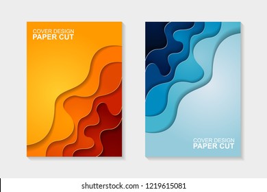 Set of cover design abstract with blue and orange paper cut shapes. Cover design with abstract background. Paper cut vector illustration for banner, presentation, and invitation.