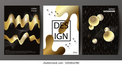 Set of cover design with abstract golden flow shapes and balls. Universal vector background for poster, banners, flyers, card template with modern futuristic halftone gradient.