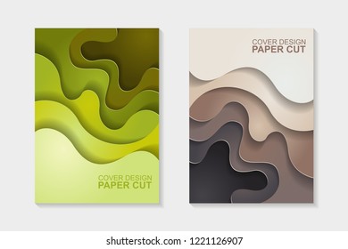 Set of cover design abstract with green and brown paper cut shapes. Cover design with abstract background. Paper cut vector illustration for banner, presentation, and invitation.